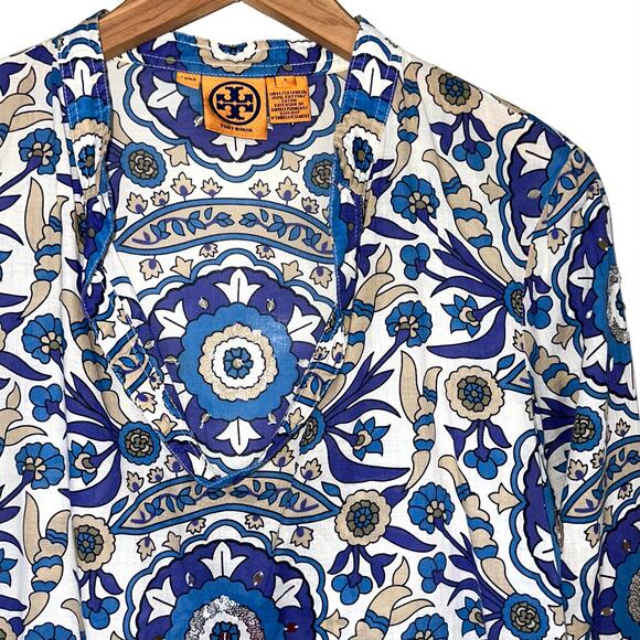 Tory Burch Stephanie Blue Alhambra Cotton Sequin Embellished Tunic Top Size 8 - Picture 4 of 16